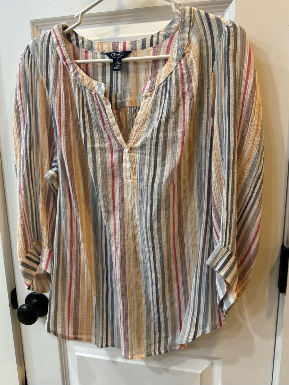 Chaps Striped V-Neck Tunic Top - Cream, Blue & Pink